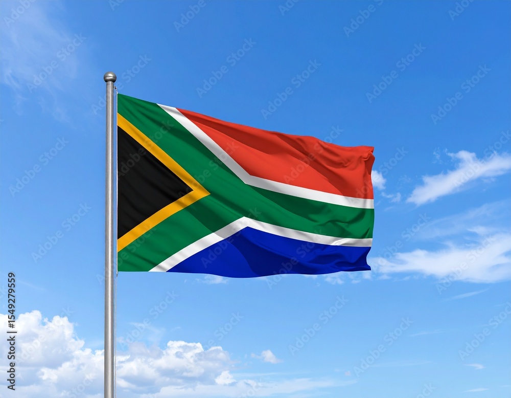 Fototapeta premium South African Flag Waving Under a Bright Blue Sky