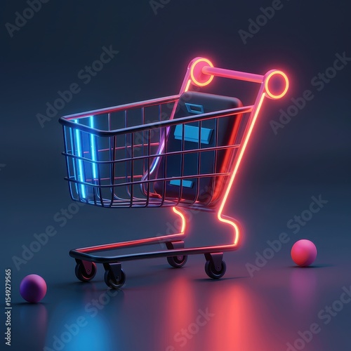 A shopping cart with a neon sign on it