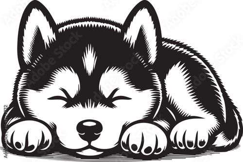 Siberian Husky Dog Vector Illustration in Black and White 