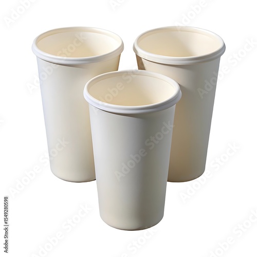 Three empty cream colored disposable paper cups on white background