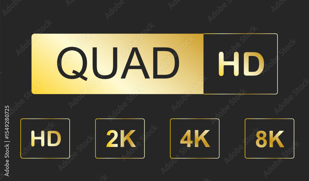 Video resolutions full ultra quad HD, video quality badge icon. Video resolution set.