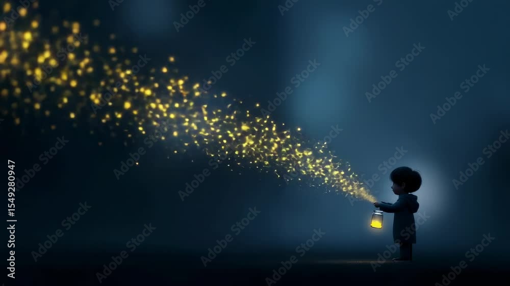 Child holds lantern and releases sparkles in magical nighttime atmosphere of wonder and exploration