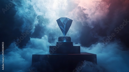 Dramatic Blue Diamond on Black Pedestal, Mystical Smoke Background