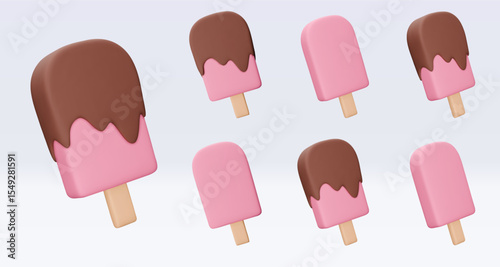 Set Ice cream with chokolate glaze, icon, 3d render. Design elements. Realistic fast food icon. Sweet food. Vector illustration isolated on white for menu, shop, flyer, banner, web, adv, sale