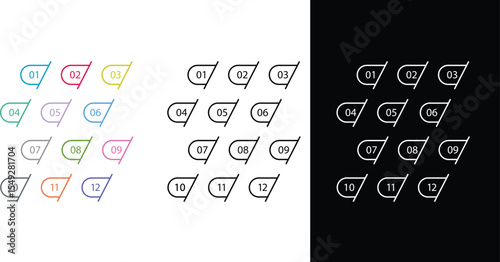 Set of one to twelve line style bullet point numbers, Vector Illustration