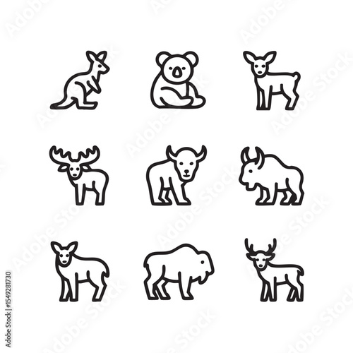 Australian Animals and Wildlife Line Icons Kangaroo, Koala, Deer, Moose, Bison