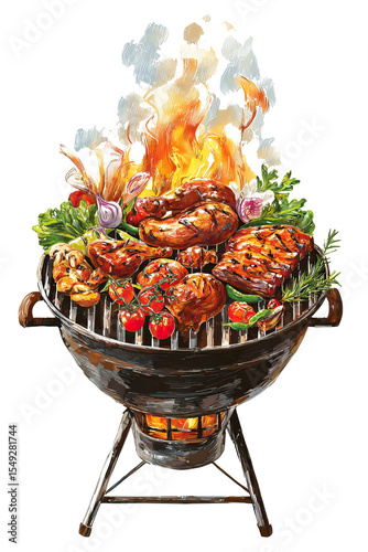 Flaming Barbecue Grill Loaded with Chicken, Ribs, and Veg on Transparent Background

