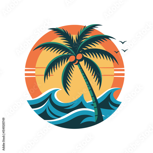 Tropical Island Sunset Vector Badges icon - Colorful  and white and black Paradise Scene. 