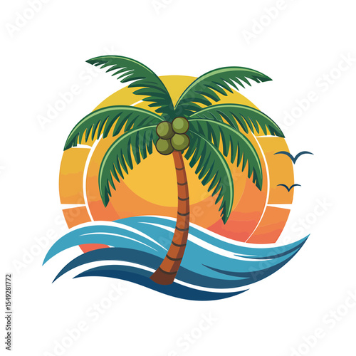 Tropical Island Sunset Vector Badges icon - Colorful  and white and black Paradise Scene. 