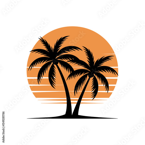 Tropical Island Sunset Vector Badges icon - Colorful  and white and black Paradise Scene. 