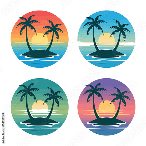 Tropical Island Sunset Vector Badges icon - Colorful  and white and black Paradise Scene. 