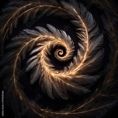 A soft glowing spiral made of light and feathers floating over a dark velvet background, symbolizing peaceful rest and sleep