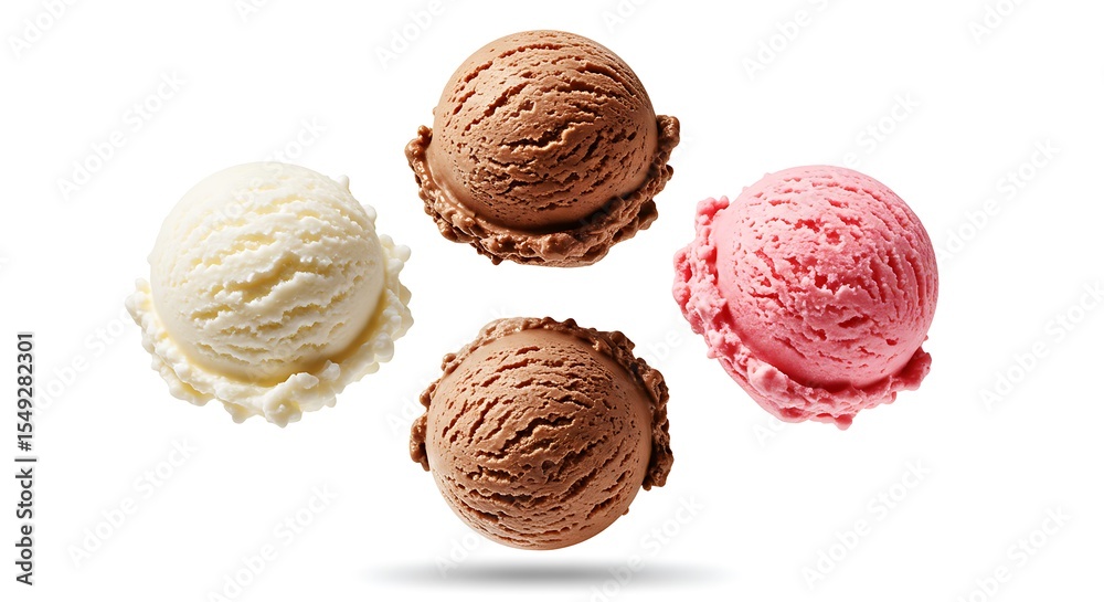 Fototapeta premium An assortment of four classic ice cream scoops—vanilla, strawberry, and two chocolate—are arranged in a neat pattern from a top-down perspective. 