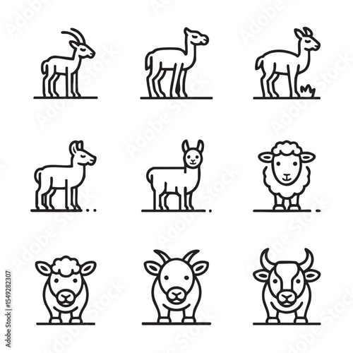 Diverse Animal Icons  A Collection of Line Art Drawings Featuring Sheep, Llamas, and More
