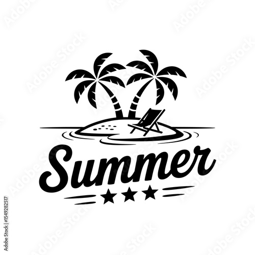 Summer Island Paradise Vector Logo - Beach Palm Tree Deck Chair. Summer, Island, Paradise, Vector, Logo, Beach, Palm, Tree