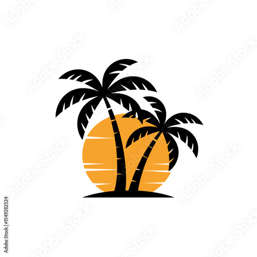Tropical Island Sunset Vector Badges icon - Colorful  and white and black Paradise Scene. 