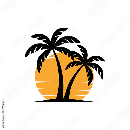 Tropical Island Sunset Vector Badges icon - Colorful  and white and black Paradise Scene. 