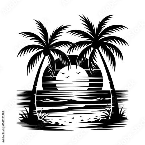 Tropical Beach Sunset Silhouette Vector Illustration - Palm Trees and Ocean