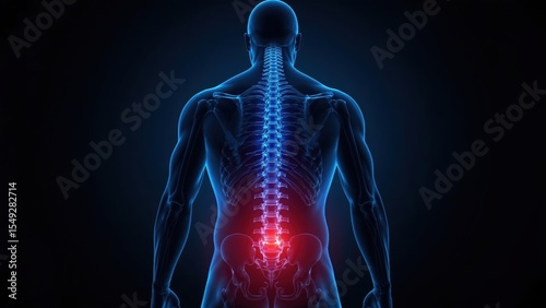 Human spine anatomy with highlighted lower back pain in blue and red on a dark background