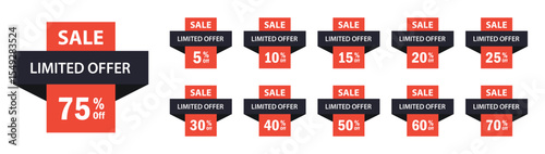 A comprehensive set of red and black sale and limited offer badges with varying discount percentages.