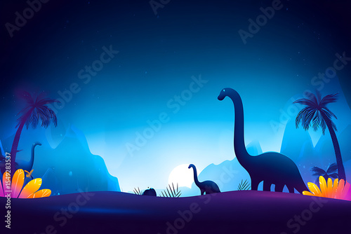 Dinosaur silhouettes in surreal tropical landscape