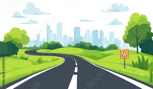 Scenic winding road leading to a city skyline