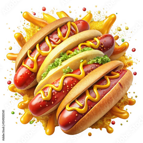 Four Hot Dogs Mustard Yellow Relish isolated on a transparent background hotdogs