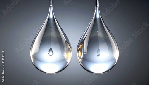 Two Water Drops With Reflections On Gray Background