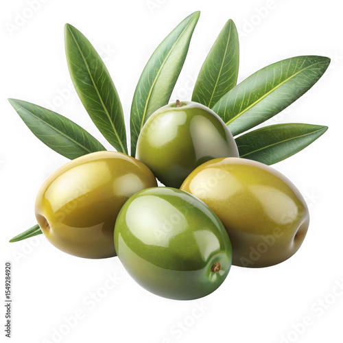 Four Plump Green Olives with Olive Leaves isolated on a transparent background olive branch