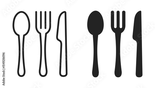 Fork, spoon and knife icon. Vector line and silhouette
