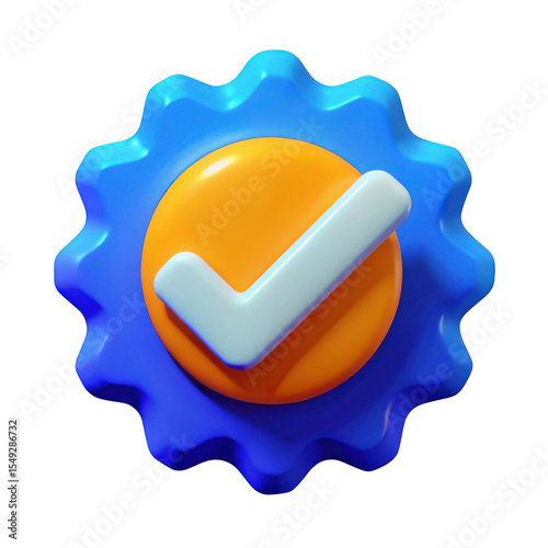 3d render of a blue gear checkmark badge isolated on transparent background