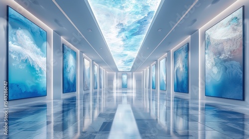A long hallway with multiple paintings on the walls
