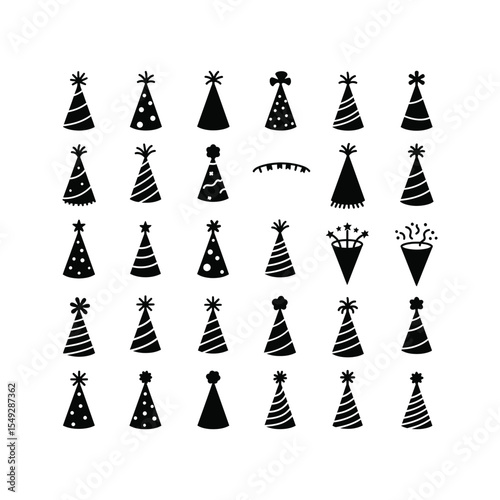 30 Black and White Party Hat Icons  Birthday Celebration Festive Clipart