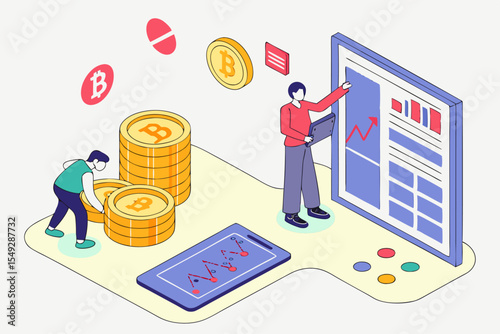 Blockchain and Cryptocurrency Themes Coins Ledgers and Transactions Vector Design