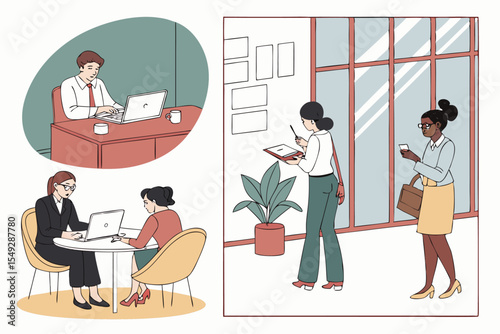 Diverse Professionals in Corporate Office Scenes Vector Illustration Design
