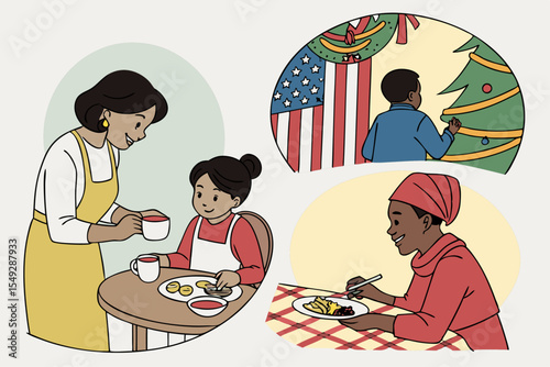 Happy Multicultural Family Scenes Daily Life and Meals