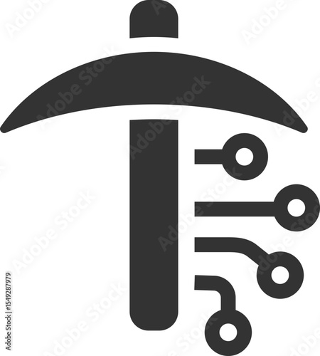 Pickaxe icon with circuit board, representing digital extraction or cryptocurrency mining. Perfect for tech, finance, blockchain, and investment themes. Clean, modern design.