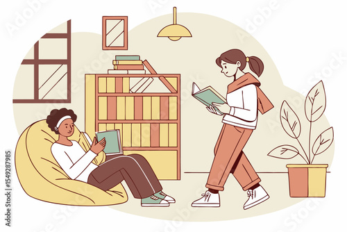 Colorful Vector Illustration of Students Reading Books