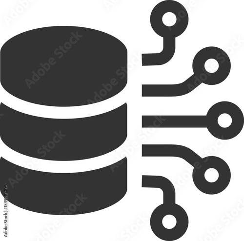 Minimalist icon representing a database with digital connections. Symbolizes data processing, storage, and technology. Use for websites, presentations, or app interfaces.