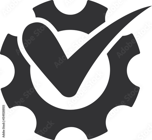 Gear icon with check mark, signifying approved process, success, or confirmation. Perfect for engineering, IT, and compliance themes. Clean  modern design.