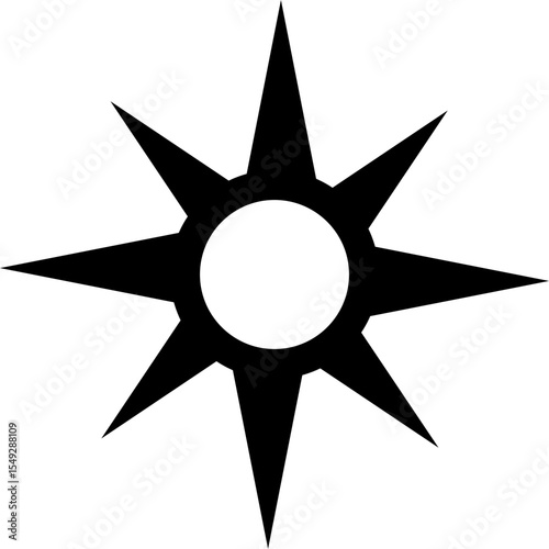 Abstract black star with sharp points emanating from a central void, isolated on white. Represents potential, guidance, and aspiration. Versatile graphic element.