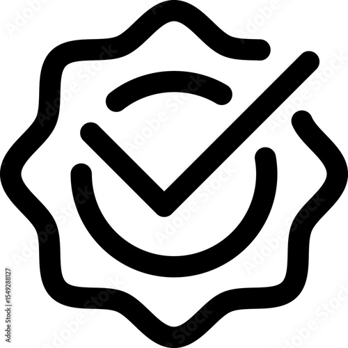 Monochrome vector icon of check mark inside an award badge. Symbolizes approval, quality, verified status, and confirmation. Great for user interface, app design.