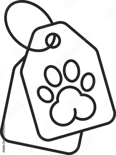 Minimalist line art illustration of two tags, one displaying a paw print, symbolizing pet care, animal adoption, or veterinary services. Modern, clean design.