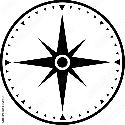 A minimal, clean black and white compass rose. Symbolizes direction, travel, navigation, exploration, and guidance. Ideal for website icons, infographic elements, and logos.