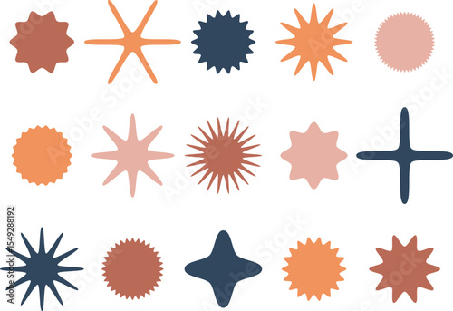 Geometric shapes set in warm, earthy tones. Abstract starbursts and badges convey retro vibes. Ideal for minimalist design or artistic backgrounds. Versatile design element.