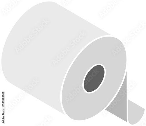 Isometric illustration of a roll of toilet paper against a light blue background.  Simple, clean design perfect for hygiene, cleanliness, or bathroomrelated projects.