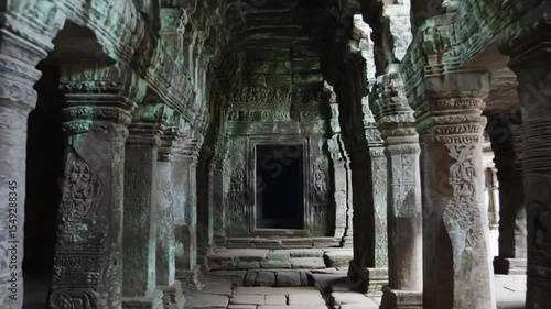 迷宮の入口、古代遺跡の謎、薄暗い石柱、探検への誘い