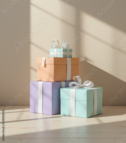 Colorful Gift Boxes with White Ribbons, Festive Holiday Arrangement, Light Wood Surface, Generative AI