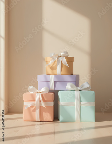 Colorful Gift Boxes with White Ribbons, Festive Holiday Arrangement, Light Wood Surface, Generative AI