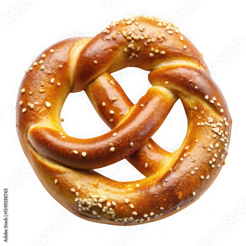 Golden Brown Pretzel with Sesame Seeds isolated on a transparent background baked
